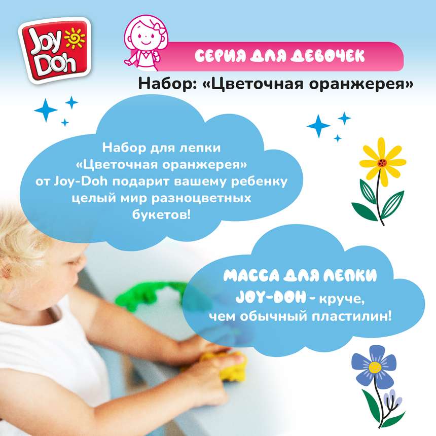 Масса для лепки Joy Doh, набор FLOWER SHOW - ЦВЕТОЧНАЯ ОРАНЖЕРЕЯ, 3d формы, 11 аксессуаров, 4 баночки с тестом (4 x 50 г.) FLOW-200 pot