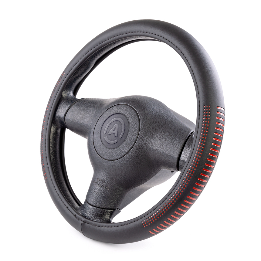 Оплётка руля AUTOPROFI из экокожи AP-1910 BK/RD (M)