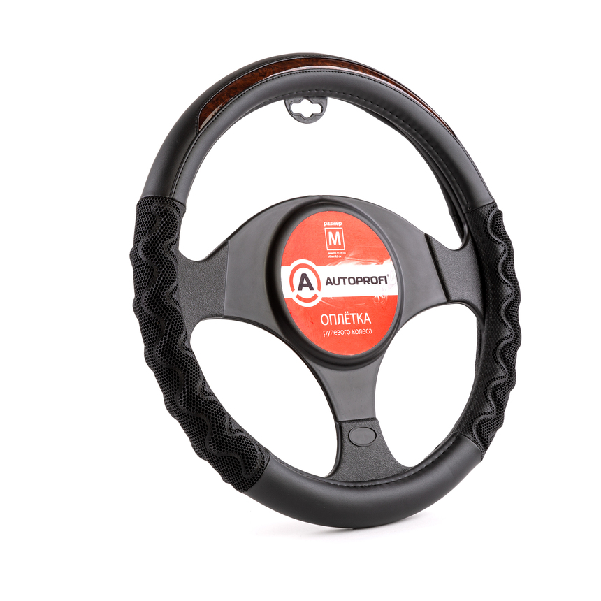 Оплётка руля AUTOPROFI из экокожи AP-1968 BK/BR (M)