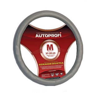 Кожаная оплётка руля AUTOPROFI AP-130 GY (M)