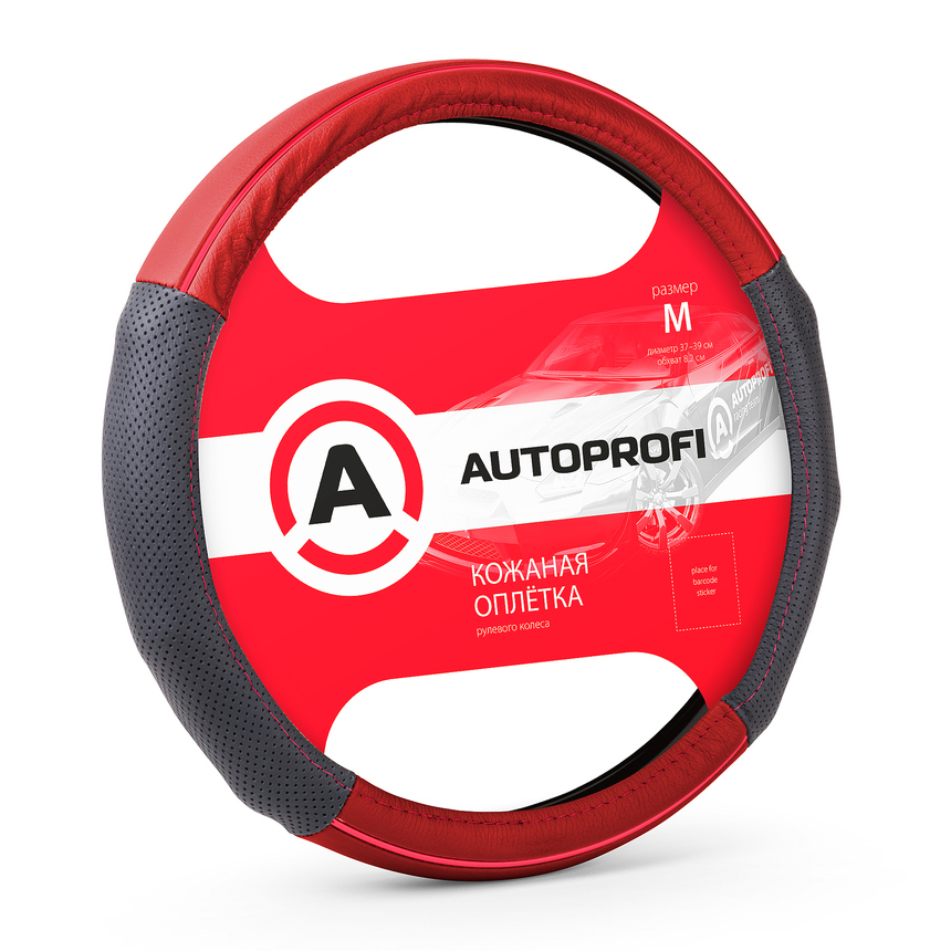 Кожаная оплётка руля AUTOPROFI AP-1060 BK/RD (M)