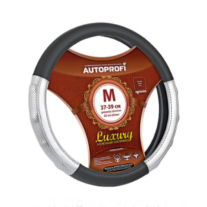 Кожаная оплётка руля AUTOPROFI AP-1030 BK/SILVER (M)